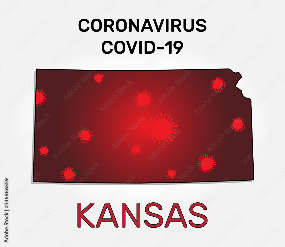 Map of Kansas state and coronavirus infection. Concept of disease outbreak with microbe cell symbols. Vector illustration
