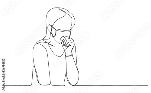 Continuous line drawing vector illustration of a woman is wearing mash and having cough