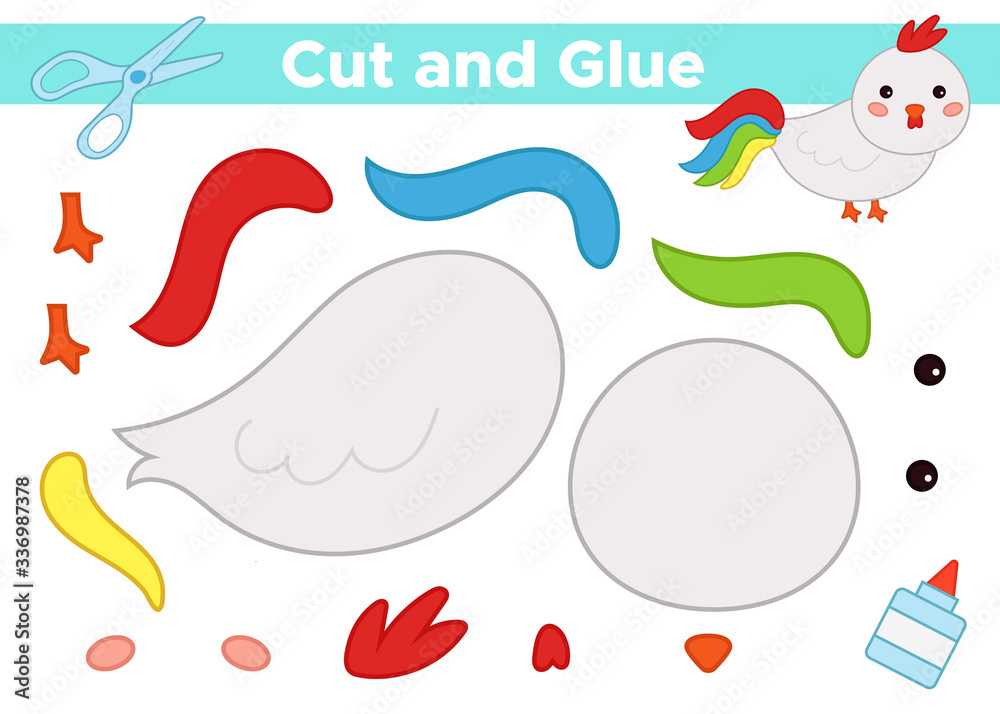 Fototapeta premium Educational paper games for preschool children. Use scissors and glue to create hen. Easter theme. Cute kawaii character.