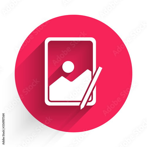 White Graphic tablet icon isolated with long shadow. Red circle button. Vector Illustration