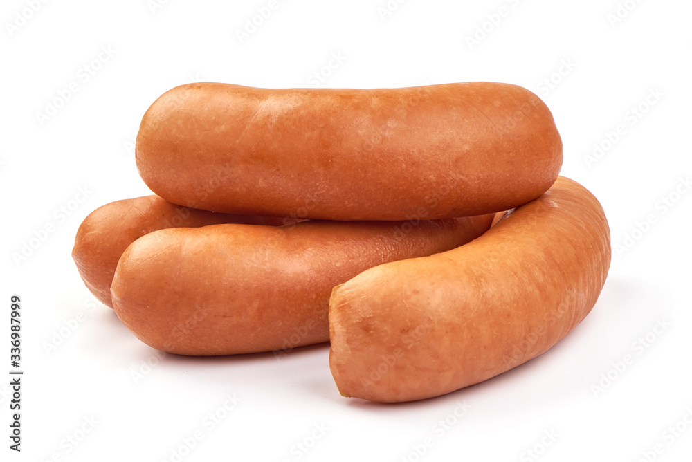 Boiled sausages, isolated on white background Boiled sausages, isolated on white background
