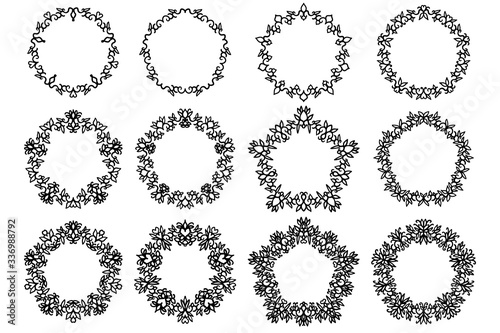 Vector set of black round floral frames isolated on white background. Beautiful romantic decoration elements for monograms, wedding invitations, gift cards, banners. Elegant wreaths.
