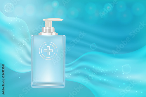 Beauty product ad design, blue cosmetic container with collagen solution advertising background ready to use, luxury skin care banner, illustration vector.