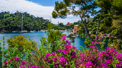 Ligurian sea shore near Portofino. Sunny summer day, Liguria, Italy. Spectacular summer landscape. Colorful seascape of Adriatic sea. Traveling concept background.