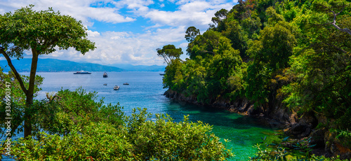 Ligurian sea shore near Portofino. Sunny summer day, Liguria, Italy. Spectacular summer landscape. Colorful seascape of Adriatic sea. Traveling concept background.