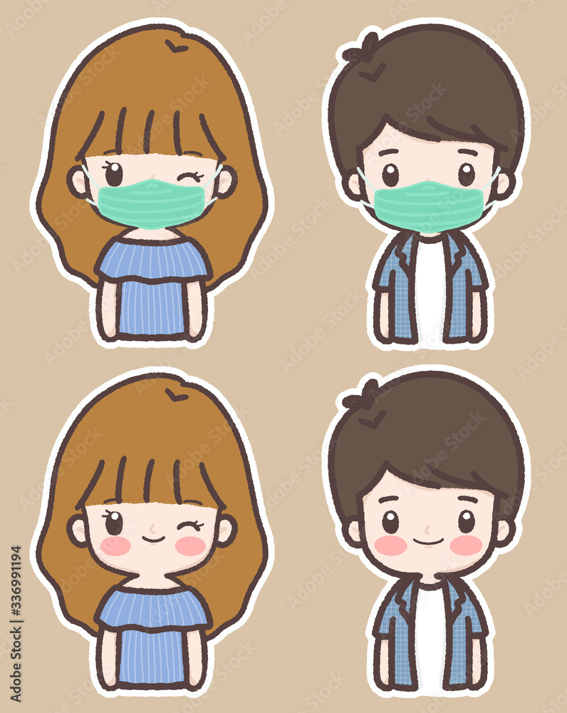 Boy and girl cute cartoon wearing protective mask  for prevent virus  Covid-19.
