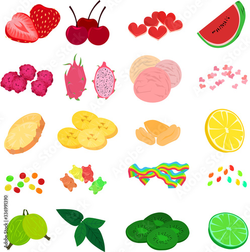 Set of sweets and fruits. Nuts and candies. Marmalade and berry. Additives to tea, coffee and desserts.