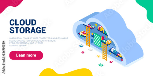 Modern 3D flat design isometric vector concept for cloud service online media files backup data storage. Cloud shaped library shelves and people on the stairs upload a data folder to disk information.