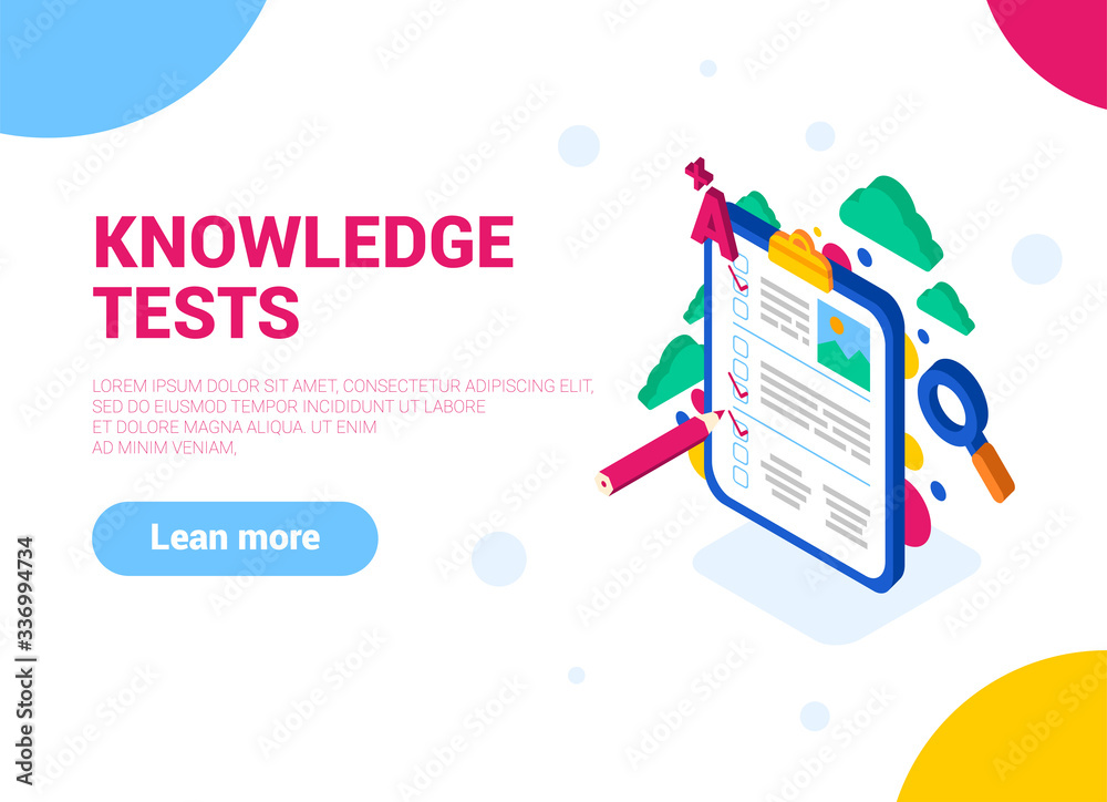 A tablet with a piece of paper, a test and a pencil, passing the knowledge exam and exam. Knowledge test. Online education for website and mobile site.Landing page template. Easy to edit and customize