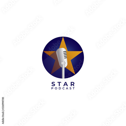 Podcast or stand up comedy logo design template. Retro microphone illustration with yellow star and blue ellipse shape behind .Host, Announcher, Anchor, Radio Station. Isolated on white background