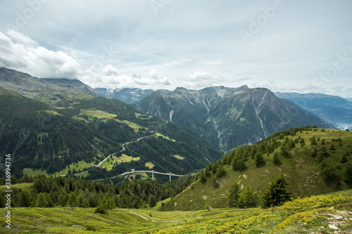 Gravel road in Swiss mountains in summer  Alpine meadow zone