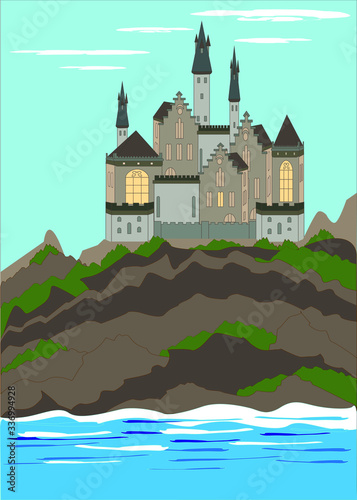 Medieval castle, ancient citadel or impregnable fortress with stone towers on rocky peak. Cartoon vector. Fairytale king palace, royal stronghold, shelter high in mountains.