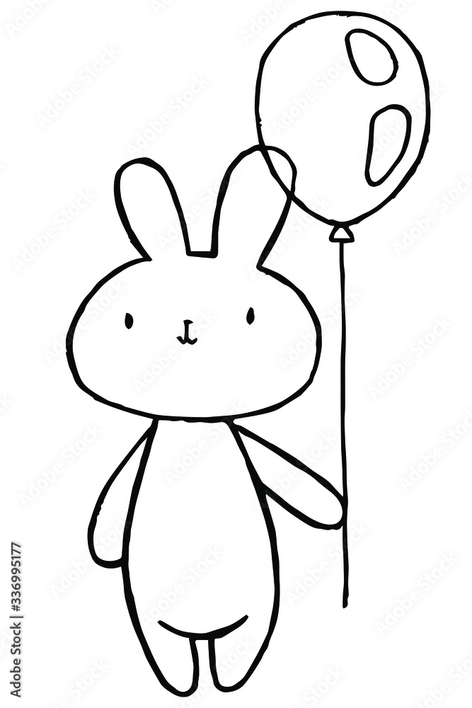 Vector illustration. Cartoon rabbit. Cute character. Rabbit with a balloon in his hands. Coloring page. Emotions Stickers Black line. Use for kids stuff. Love, romance and friendship. Joy and happines Vector illustration. Cartoon rabbit. Cute character. Rabbit with a balloon in his hands. Coloring page. Emotions Stickers Black line. Use for kids stuff. Love, romance and friendship. Joy and happines