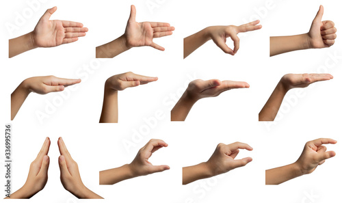 Isolated hand gestures and signals from Asian female child hand, multiple options. Includes clipping path.