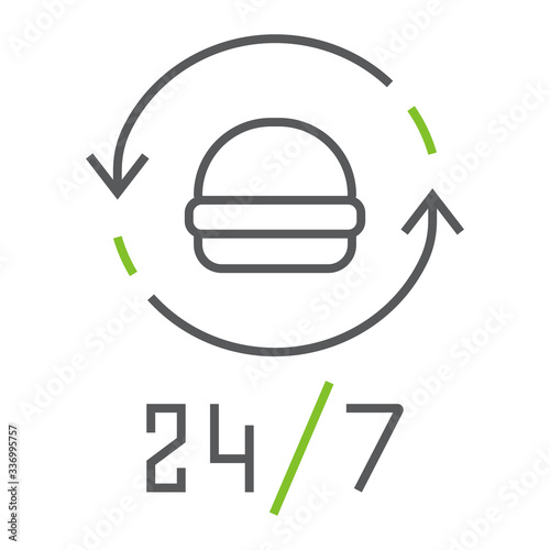 24 7 food delivery color line icon, service and delivery, food order sign, vector graphics, a linear pattern on a white background, eps 10.