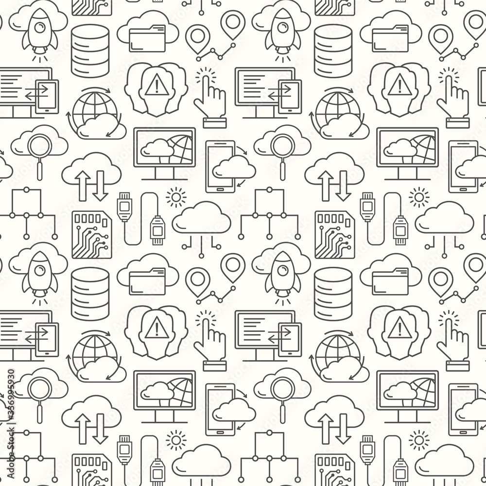 Cloud data storage seamless pattern with line style icons. Database background, information, global network, server center, backup and security vector illustration. Cloud computing. Cloud data storage seamless pattern with line style icons. Database background, information, global network, server center, backup and security vector illustration. Cloud computing.