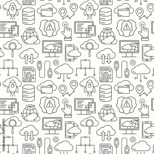 Cloud data storage seamless pattern with line style icons. Database background, information, global network, server center, backup and security vector illustration. Cloud computing.