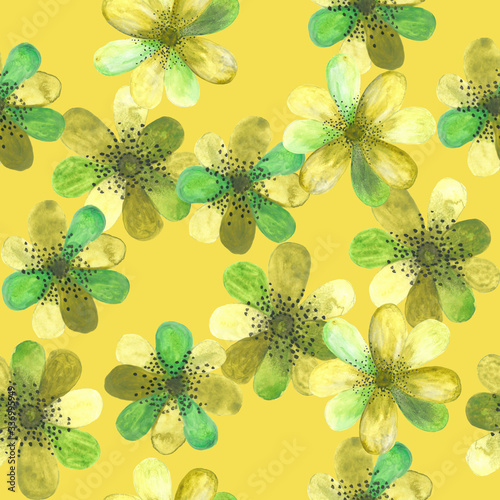 Yellow-green watercolour flowers on yellow background: tender seamless pattern, spring wallpaper texture, textile print.