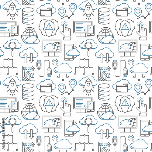 Cloud data storage seamless pattern with line style icons. Database background, information, global network, server center, backup and security vector illustration. Cloud computing.