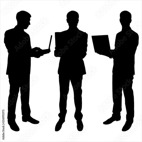 Vector set of silhouettes of businessman in suit. Man working at computer. Programmer standing and holds in hands laptop. Hand drawn vector black illustration isolated on white background. Teamwork.