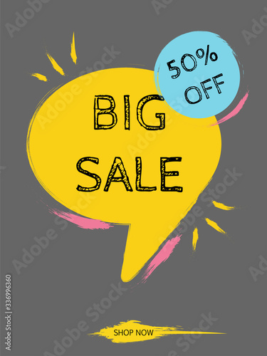Creative design of an advertising company. The inscription sale on a yellow figure on a gray background. Graphic design with geometric shapes. Banner for a site with space for text with bright colors