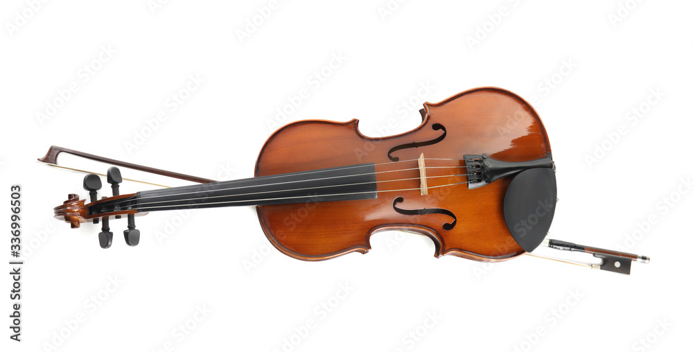 Fototapeta premium Beautiful classic violin and bow on white background, top view. Musical instrument