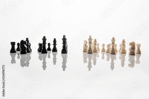 Chess figures on white background with reflection