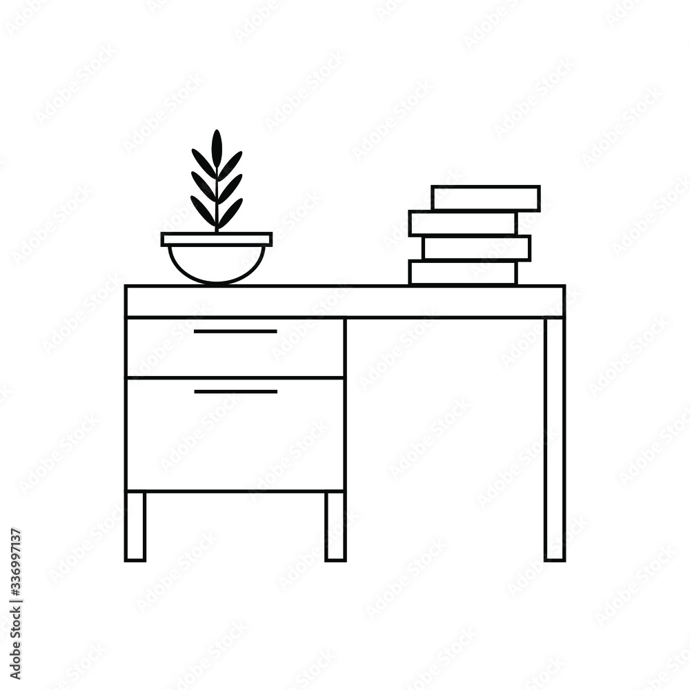 Vector linear icon of a working place, a desk with books for storing the office, logo, office desk Vector linear icon of a working place, a desk with books for storing the office, logo, office desk