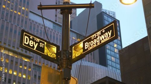Broadway and Dey Street Sign In New York City in 4K Slow motion 60fps