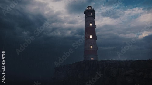 3d animation render of Lighthouse, boat, rain, sea, ocean, fog - 3 photo