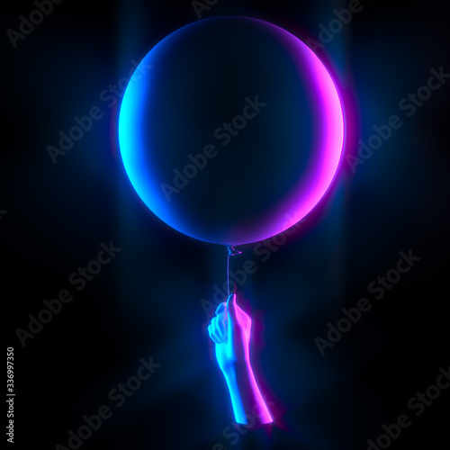 Neon gradient holiday party minimal background, hand holding balloon, ultraviolet night club banner concept, 3d rendering