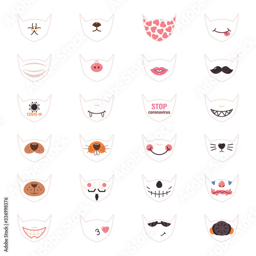 Set of medical masks for video chat or selfie photo, filter template. Coronavirus, infection, epidemic. Vector isolated icons