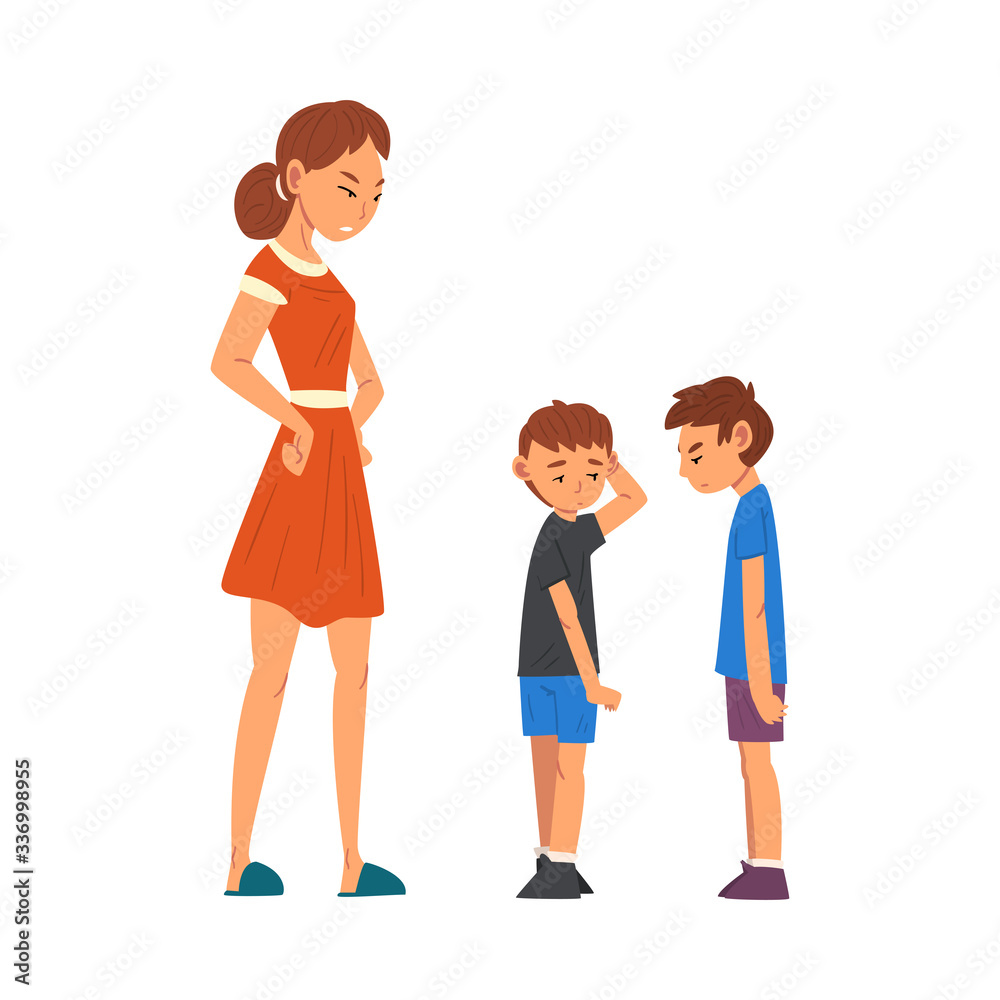Angry Mother Scolding Her Naughty Sons, Relationships Between Kids and Parent Vector Illustration