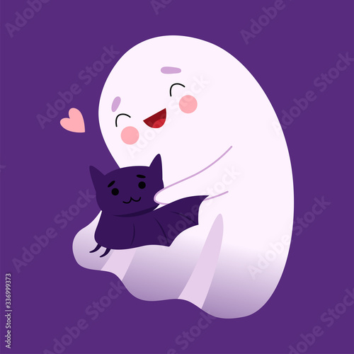 Adorable White Little Ghost Hugging Bat, Cute Halloween Spooky Character Vector Illustration