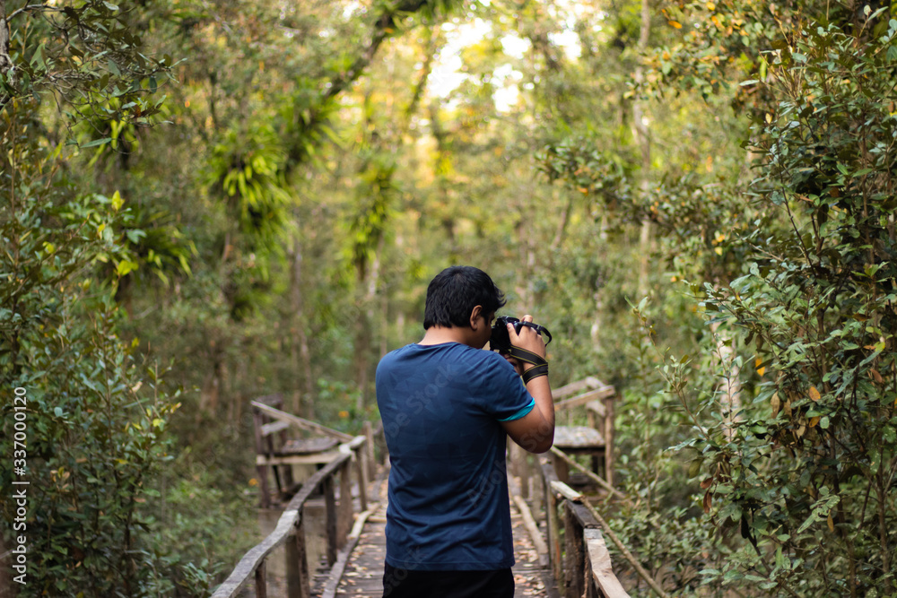 Photographer Taking a Photo from Wooden Walkway inside forest Photographer Taking a Photo from Wooden Walkway inside forest
