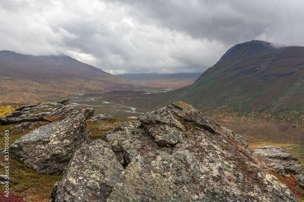 autumn view of Sarek National Park, Lapland, Norrbotten County, Sweden, near border of Finland, Sweden and Norway. selective focus