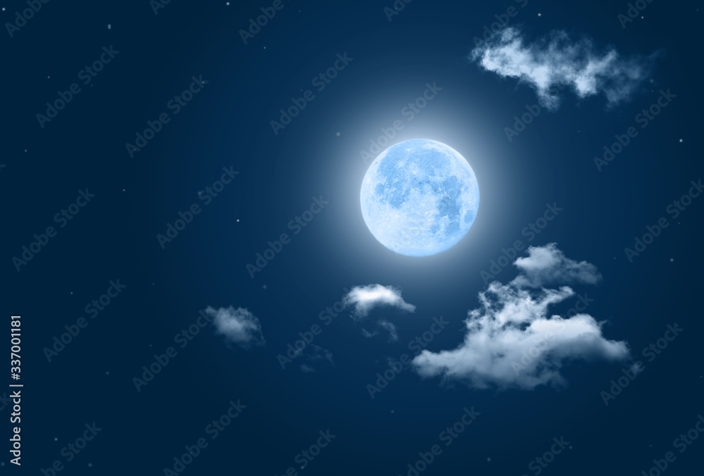Mystical Night sky background with full moon, clouds and stars