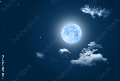 Mystical Night sky background with full moon  clouds and stars
