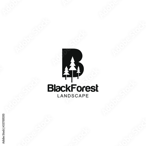 letter B and pine trees for black forest landscape logo design ideas