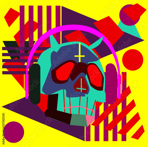 Neon skull with headphones and inverted cross, abstract background pink and red