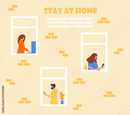 Stay home concept. House facade with windows of apartments. Neighbors are doing daily things. People are drinking tea, talking. Social campaign and support people