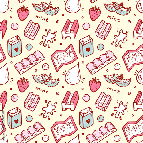 Strawberry and Mint Bubble Gum Seamless pattern. Hand Drawn Doodle Chewing Gums. Sweets. Vector illustration 