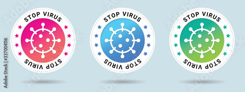 Stop virus insignia stamp. Vector certificate icon. Set of 3 beautiful color gradients. Vector combination for certificate in flat style.