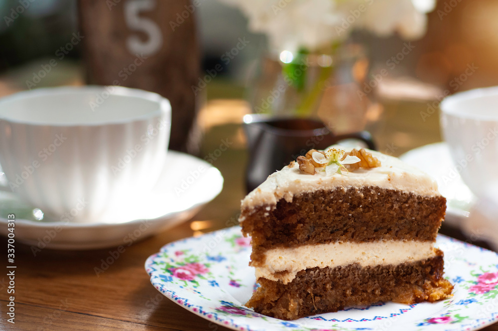 Deset cake serve with tea and coffee set in afternoon. Tea break with cake.