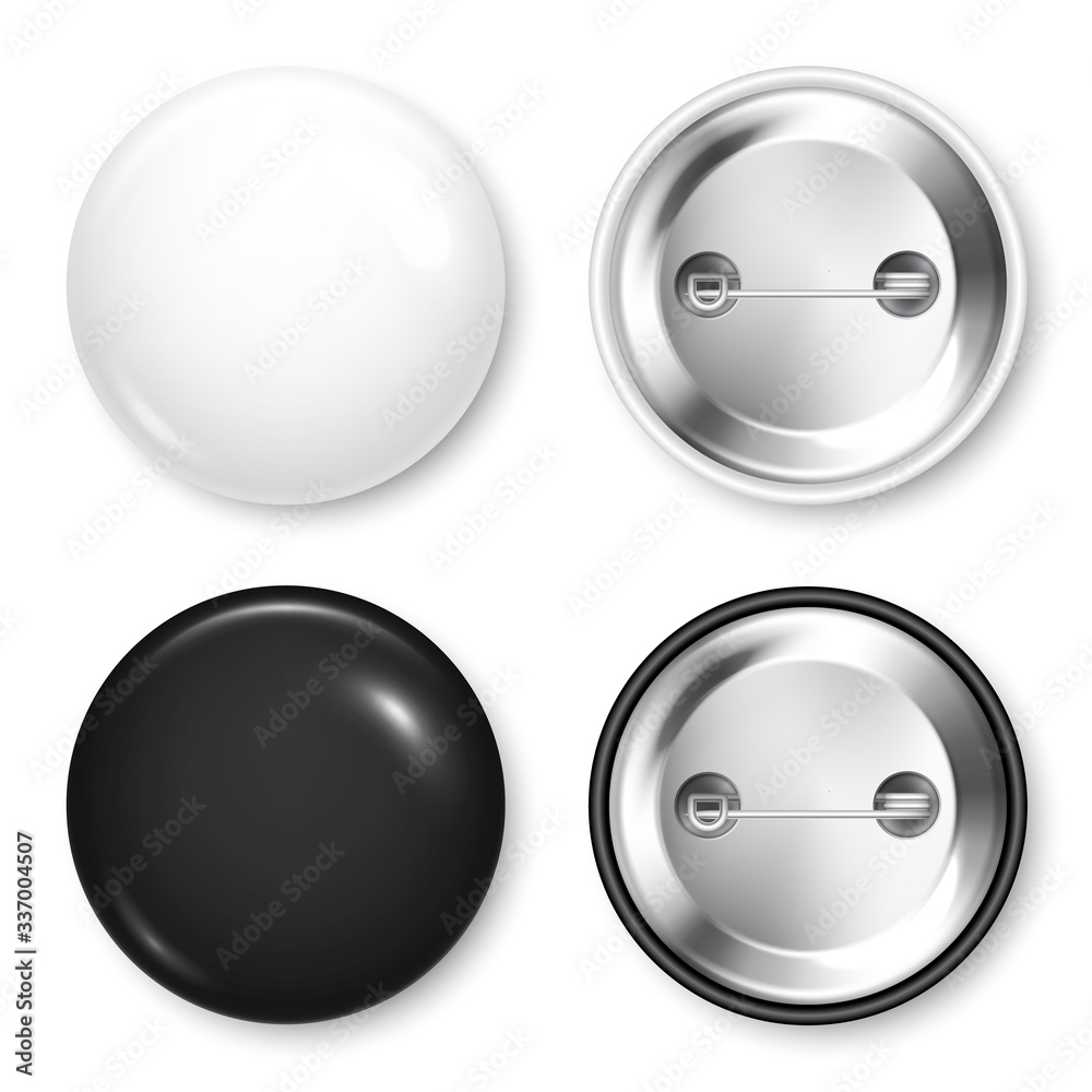 Realistic blank badges collection. 3D glossy round button. Pin badge mockup. Vector illustration. Realistic blank badges collection. 3D glossy round button. Pin badge mockup. Vector illustration.