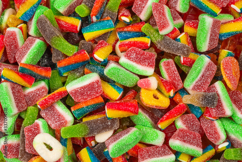 Assorted gummy candies. Top view. Jelly sweets background.