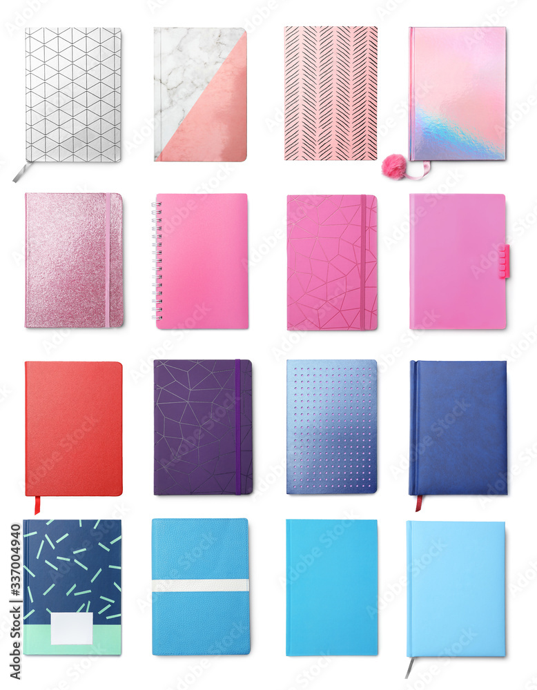 Set of different notebooks on white background, top view