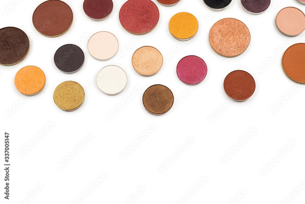 Round multicolored make up eyeshadows isolated on white. Round multicolored make up eyeshadows isolated on white.