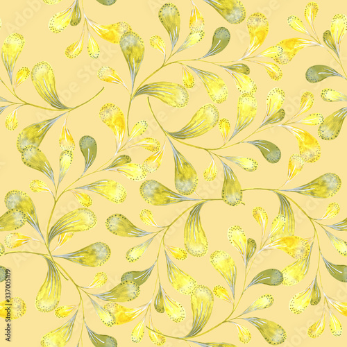 Yellow watercolour branches on light background. Floral seamless pattern, tender textile print, wallpaper design.