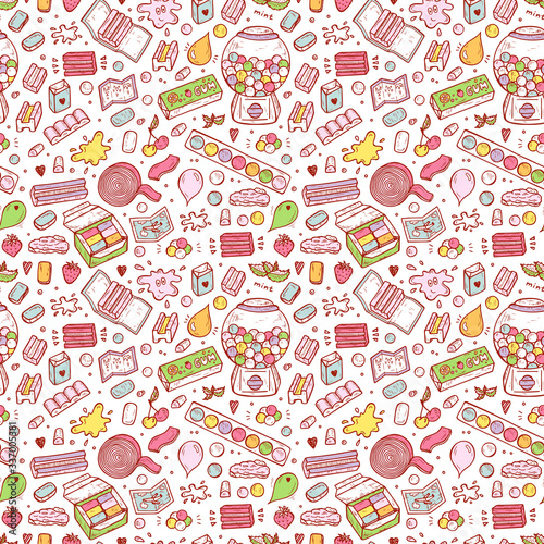 Bubble Gum Seamless pattern. Hand Drawn Doodle Chewing Gums and Candy. Sweets Colorful background. Vector illustration
